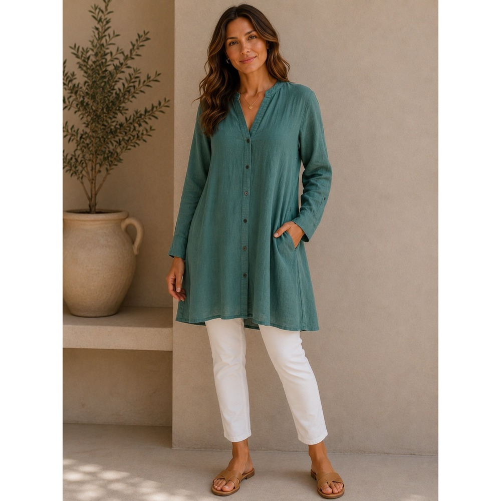 Joie Women Green 100% Linen Long Sleeve Button Front Tunic Top Shirt Pockets L